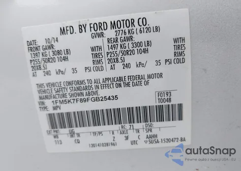 2015 Ford Explorer Limited из США, поврежденный, VIN 1FM5K7F89FGB25435